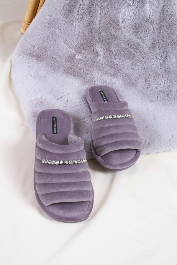 Frankie women's slider slippers in lavender combining super-soft microfibre materials with a glistening crystal diamante strap from Pretty You London