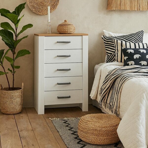 Wyld Haus Kyoto White and Natural Oak Wood 5 Drawer Narrow Storage Chest