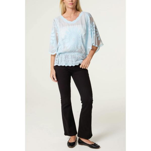 Blue Vanilla Sun Flower Lace Sleeve Blouse