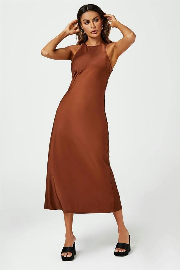 FS Collection Slim-Fit Satin Midi Dress In Brown