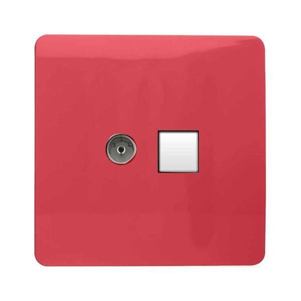 Trendi Switch 2 Gang TV Co-Axial & RJ45 Cat 6 Modern Designer PC Ethernet Sockets in Strawberry Red