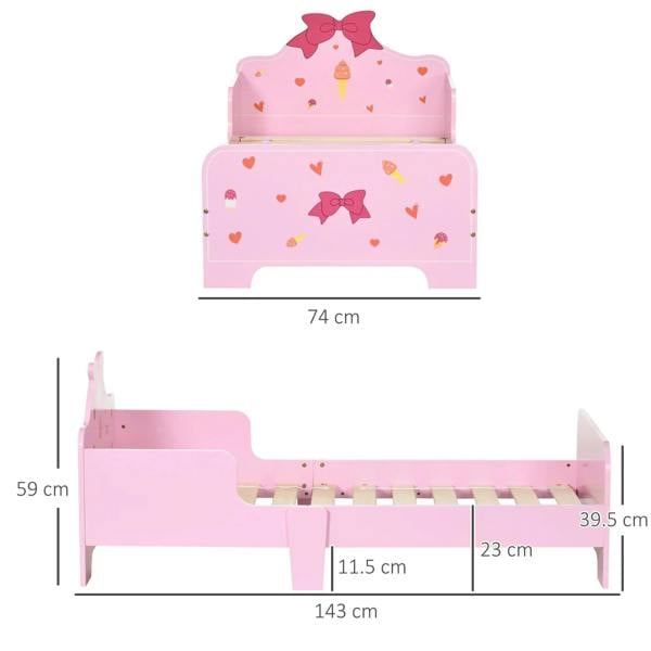Pink kids toddler bed with princess bow headboard, heart and ice-cream prints, safety rails on sides