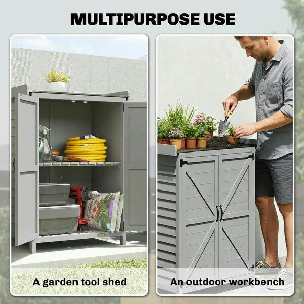 Wooden Garden Shed, Garden Tool Storage Shed with Shelf and Side Hooks, 71.5 x 39 x 95 cm, Grey
