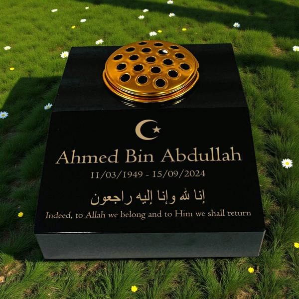Memorials Direct Black Granite Sloping Memorial Desk with Vase – Islamic Design 1, Free Gold Engraving