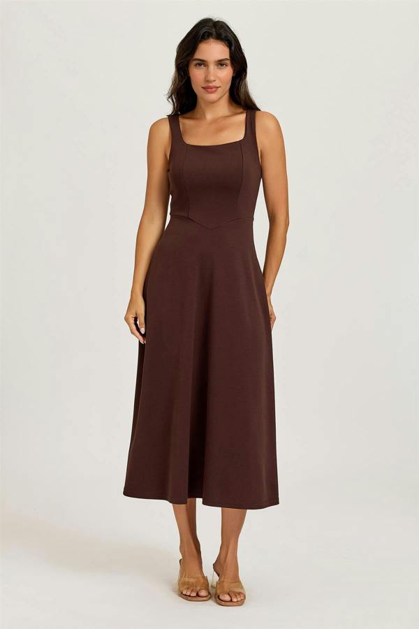 FS Collection Square Neck Sleeveless Fit & Flare Midi Dress In Espresso