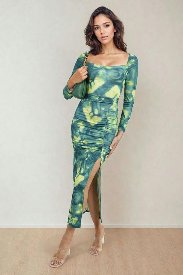 Priscilla Printed Long Sleeve Cross-tied Back Midi Dress - Green
