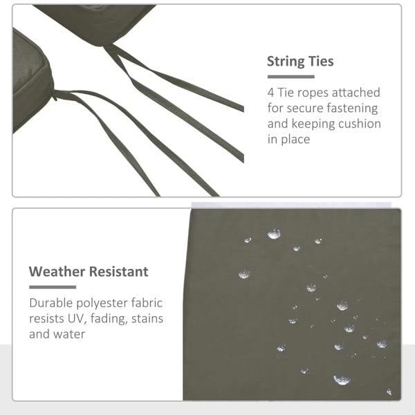 Dark grey seat cushions with string ties and weather-resistant polyester fabric