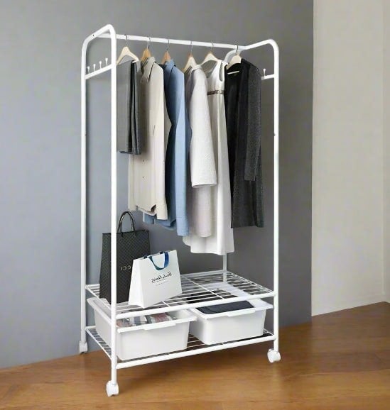 Modcraft Slim White Metal Clothes Rail Garment Rack with Storage Shelves, Hooks & Rolling Wheels
