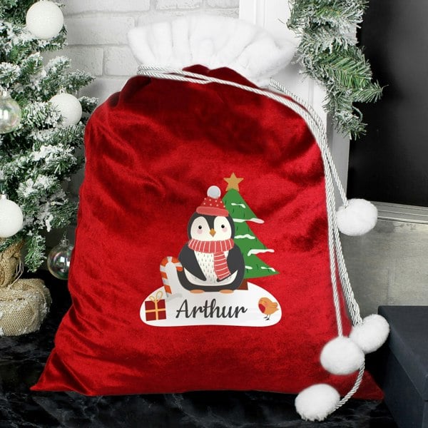 Personalised Memento Company Personalised Christmas Penguin Luxury Pom Pom Red Sack