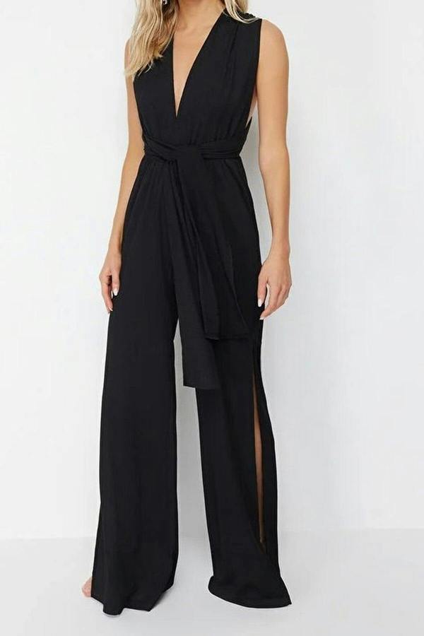 WOVCOR Woven Slit Maxi Beach Jumpsuit