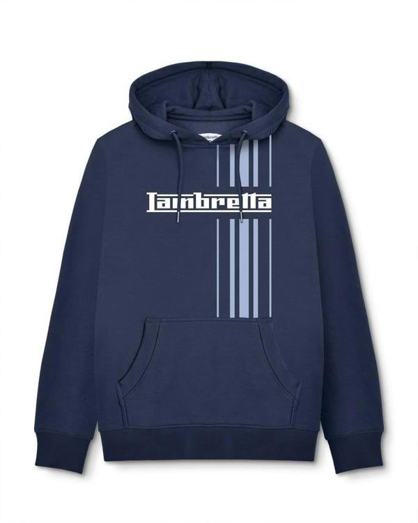 Lambretta Stripe Mens Pull Over Sweatshirt Hooded Hoodie, navy blue hoodie with white and light blue stripe design and Lambretta logo.