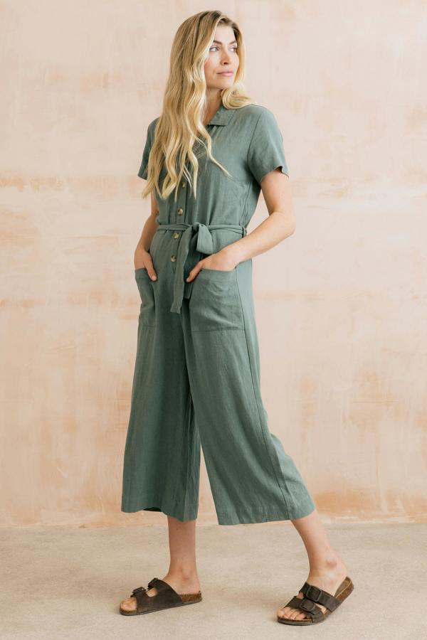 Lily & Me Josie Linen Blend Cropped Jumpsuit Laurel Green