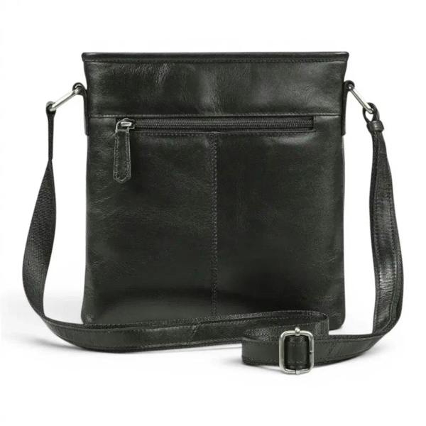 Premium black real leather crossbody bag with rear zip pocket and front magnetic pocket.