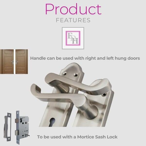 EDH Door Hardware Premium Satin Nickel Internal Lock Door Handle Set+3 Lever Mortice Sash Lock, 2 Pairs