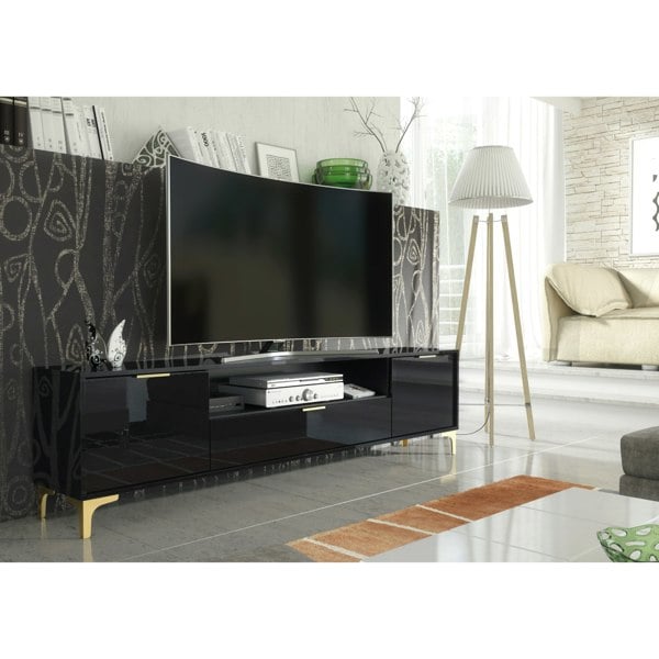 Mex Furniture Luxury 200cm Black High Gloss TV Unit with Gold Finish Accents Sleek Stand Cabinet