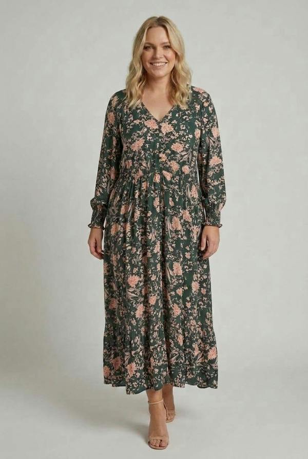 Teal | Curve Floral Long Sleeve Lace Maxi Dress