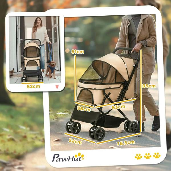Beige pet stroller with mesh canopy and side window, four wheels on a foldable frame.