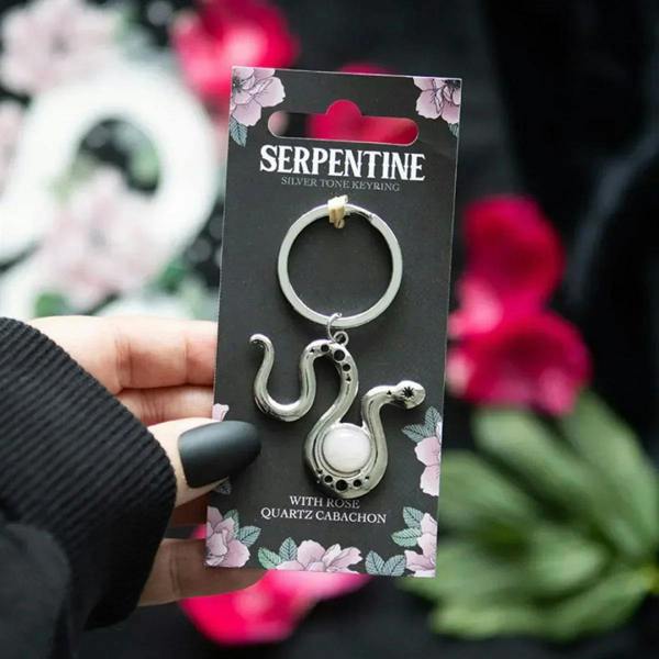 Snake keyring with silver-tone ring and pink rose quartz cabochon charm