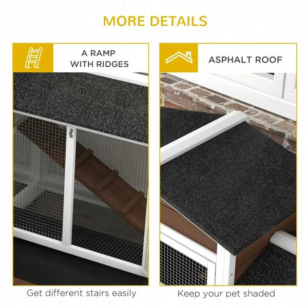 Brown pet hutch with textured black roof and ramp with raised ridges inside