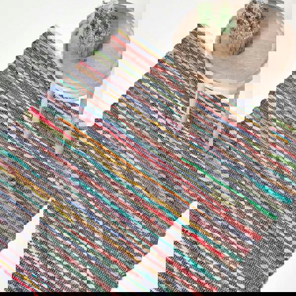 HOMESCAPES Hand Woven Multi Coloured Striped Cotton Chindi Rug