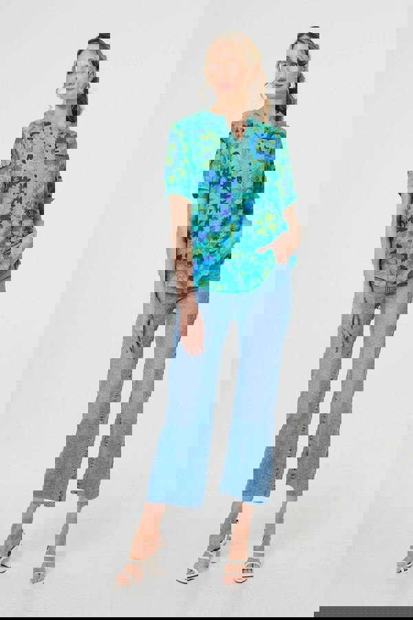 Green | Floral Stud Detail Short Sleeve Blouse
