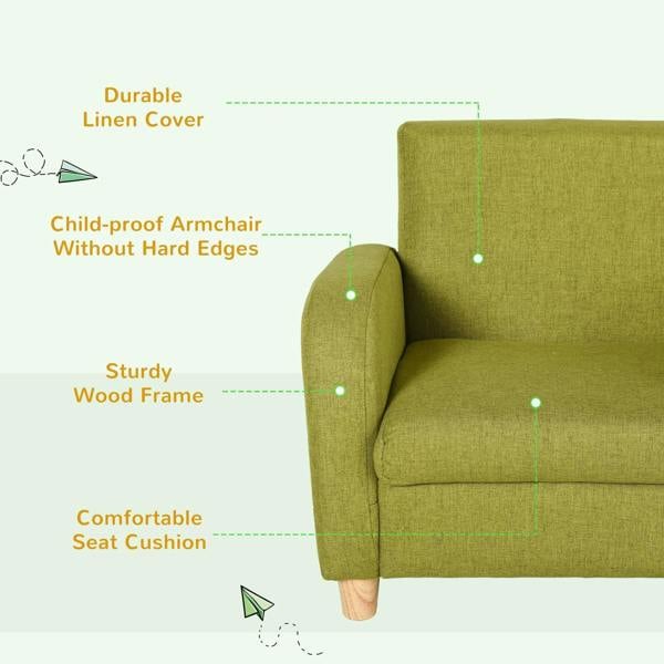 Green kids armchair side view with padded seat, wooden frame, rounded edges