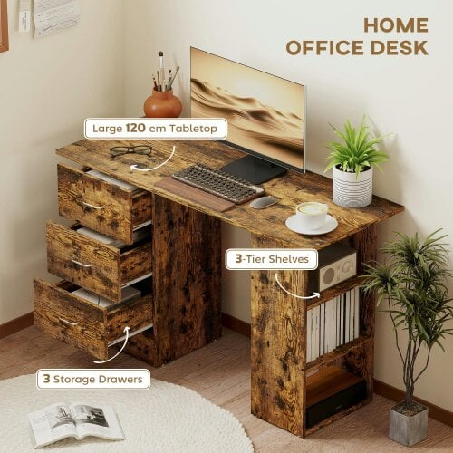 Wyld Haus Lomoto 120cm Rustic Brown Home Office Desk With 3 Shelves And 3 Drawers