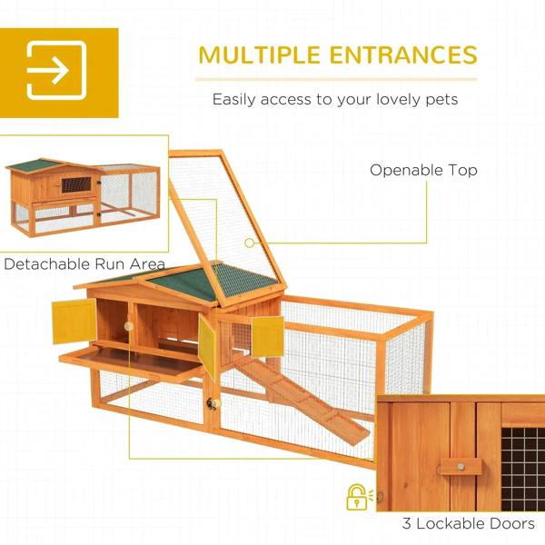 Orange wooden rabbit hutch with openable top, ramp access, and wire mesh run