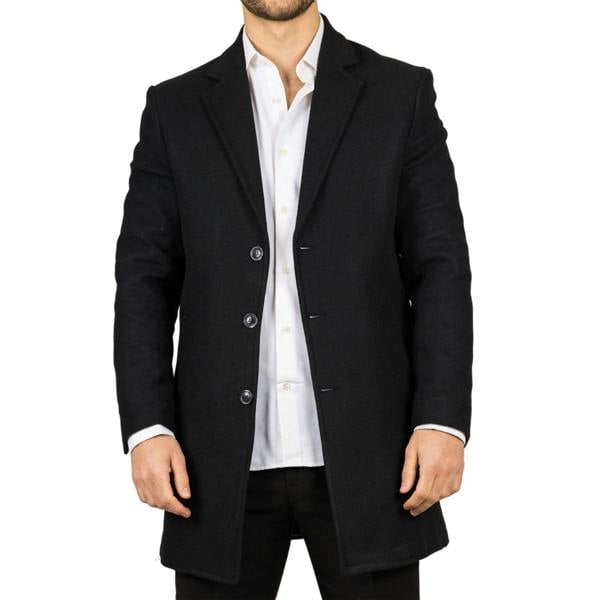 Infinity Leather Men's Notched Lapel Collar Wool Blend Black Overcoat