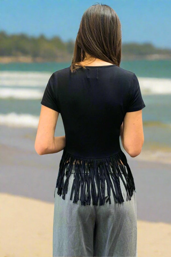 Handmade Stories Upcycled black festival fringe top
