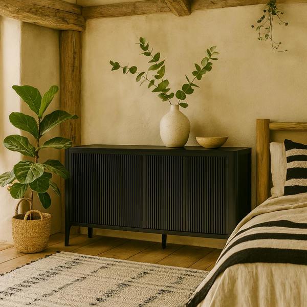 Wyld Haus Modena Large Black Wood Ribbed Storage Sideboard