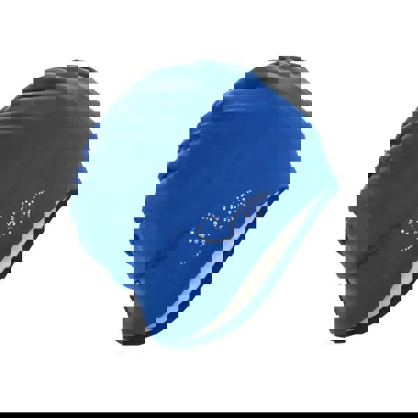 Royal blue Fashy applique fabric swim cap with white trim and rhinestones