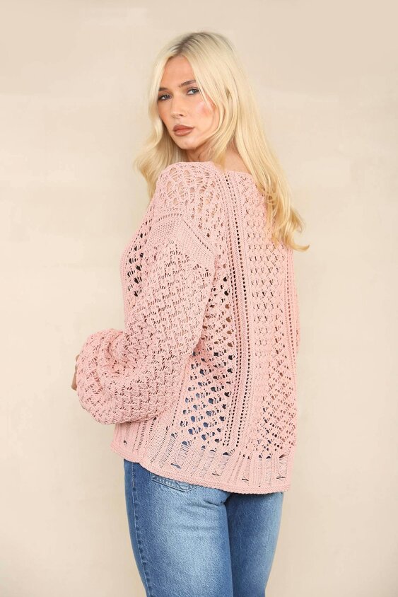 Elaina Fashion Women's Pink Open Crochet Hole Knit Jumper with Long Sleeve Cut-Out Design Blouse- Loose and Stylish Sweater Warm Top