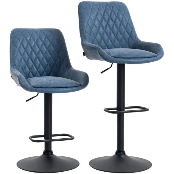 Set of two dark blue quilted faux leather bar stools with swivel and footrest bases