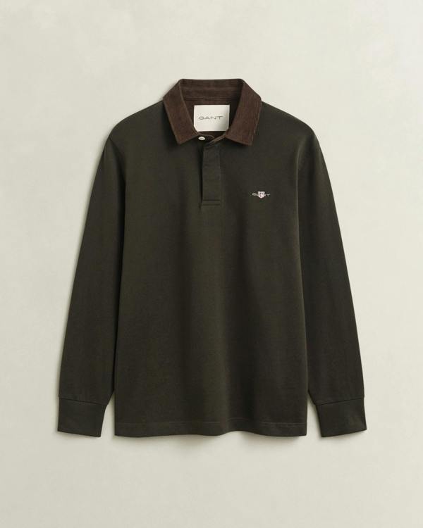 GANT Mens Cord Collar Rugger - 368 Dark Moss Green | CHO | Designer Mens Long Sleeve Polo Shirts