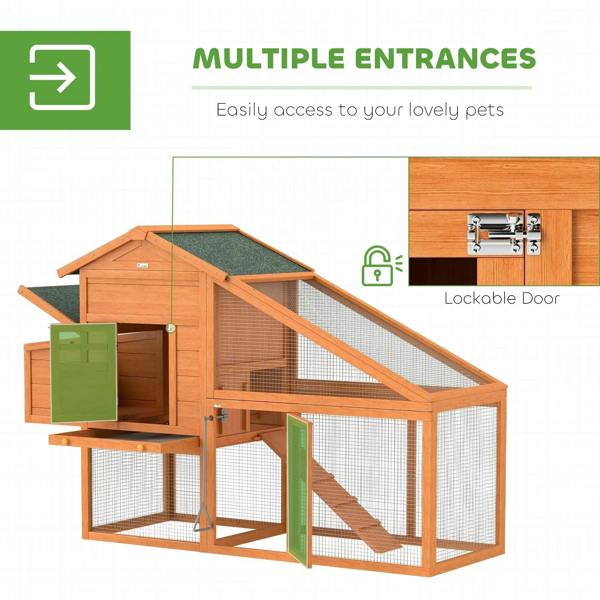 Wooden chicken coop with attached run, lockable door, mesh panels, slanted roof