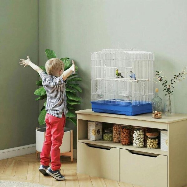 Large Metal Bird Cage with Perches, Food Bowls, Swing, for Budgies, Finches, Blue