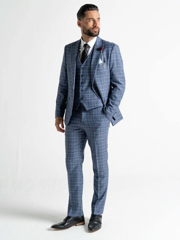V2 Classic Kensignton Three Piece Suit - Light Blue with White and Blue Checks