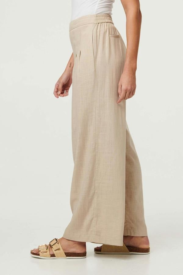 Beige | High Waist Wide Leg Trousers
