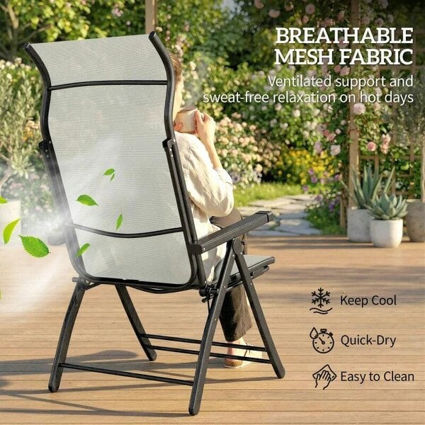 Bobobiy Reclining Garden Chairs Set of 2, 5-Position Folding Sun Loungers with High Back, Retractable Footrest, Light Grey