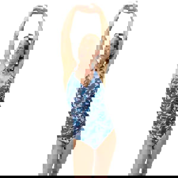 Speedo shaping printed V neck swimsuit in blue gray camo