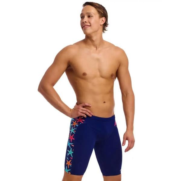 Funky Trunks Starry Night swim training jammer with blue red starfish