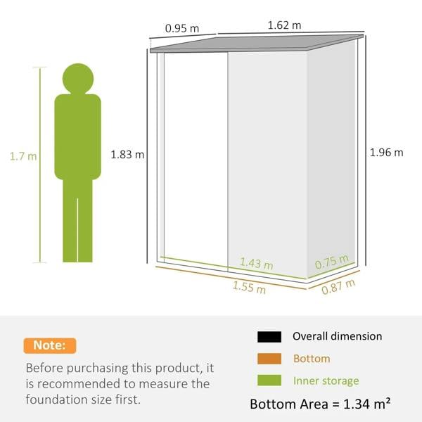 Corrugated steel shed size diagram with labeled width, depth, and height
