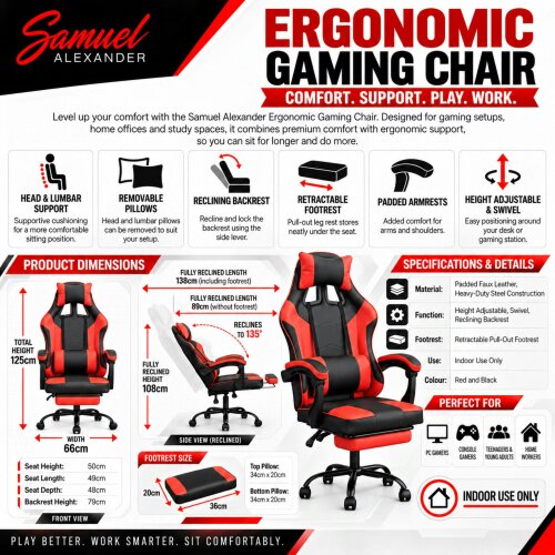Samuel Alexander Ergonomic Gaming Chair with Footrest and Removable Pillows in Red