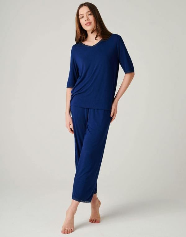 British Boxers Women's Bamboo Lace Pyjama Set – Navy Peony