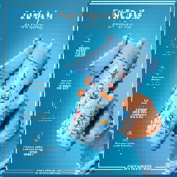 A child holds a blue stainless steel water bottle with a cartoon shark design; its flip lid is open, showcasing a 240° opening. The background is a solid light blue.