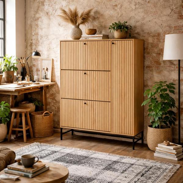 Wyld Haus Bjork Natural Oak Wood and Black Panelled Shoe Cabinet 4 Doors