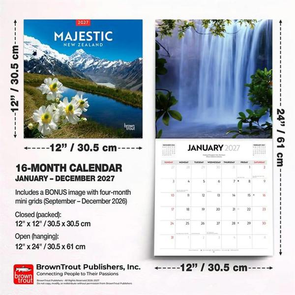 Majestic New Zealand Calendar 2027, Wall Calendars, Month To View, Travel, Gift