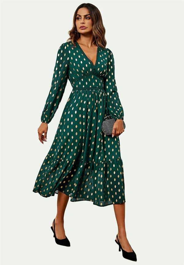 FS Collection Lace Trim Foil Long Sleeve Maxi Dress In Green