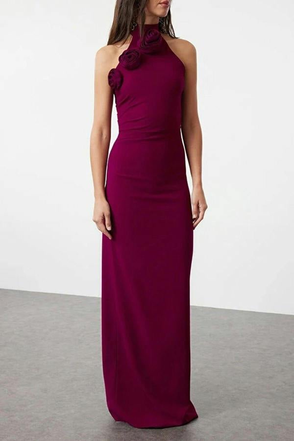 WOVCOR Woven Maxi Elegant Evening Dress with Rose Detail